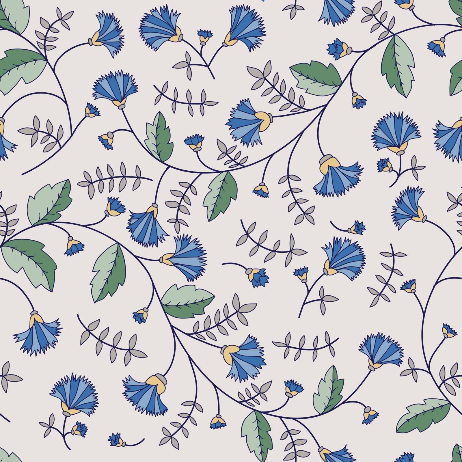 seamless texture with cornflowers and leaves on a light background