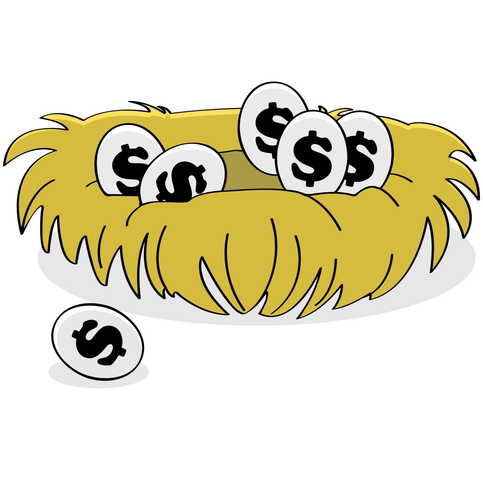 Cartoon illustration showing eggs with dollar signs on them inside a bird nest  