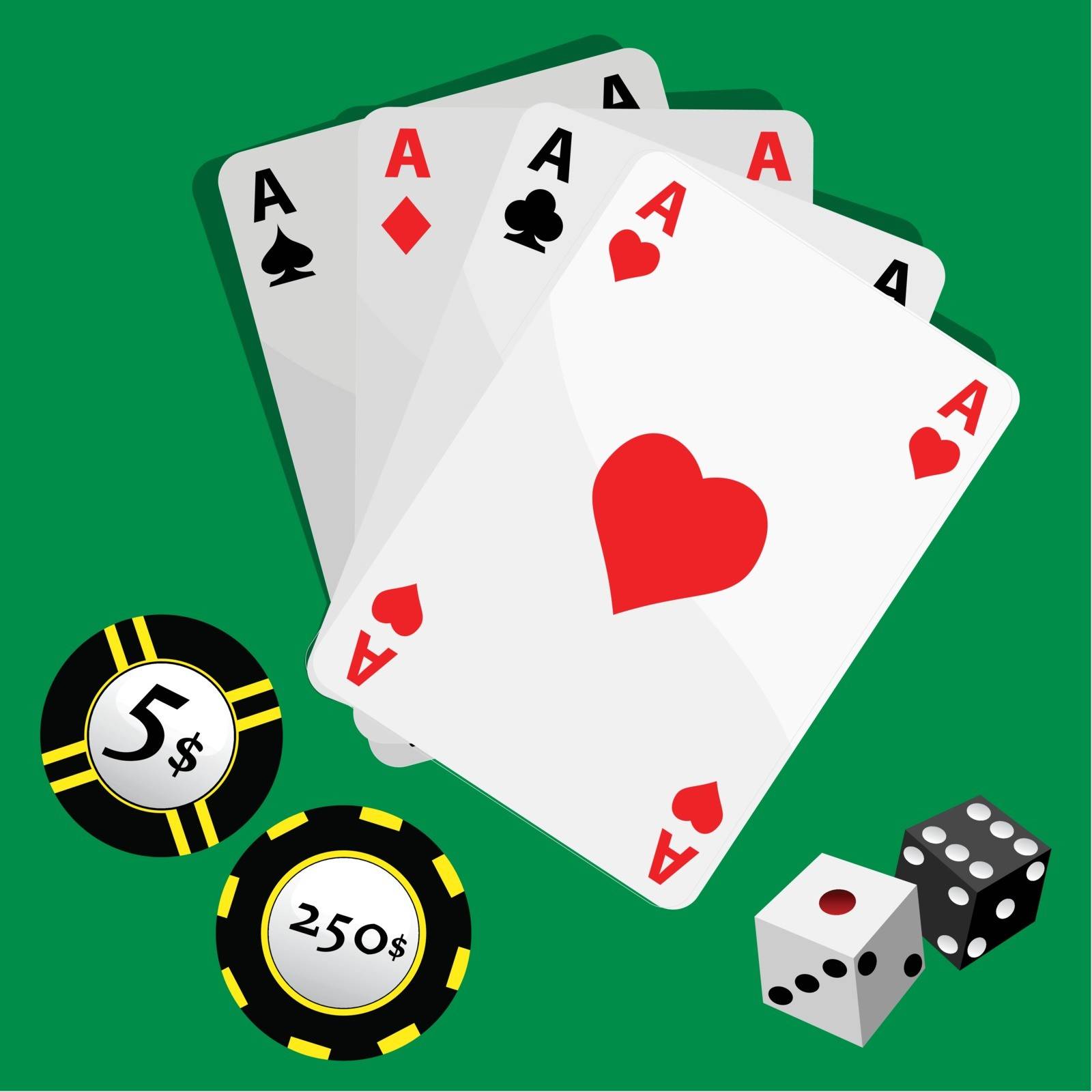 vector illustration of four aces and casino chips.