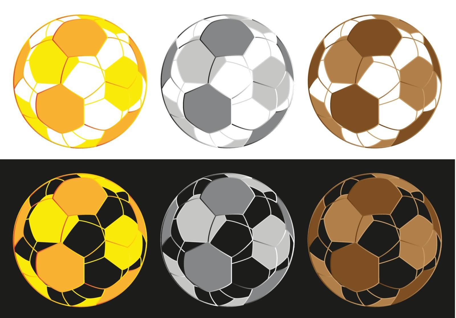 Dimensional model of football in gold, silver and brown on white and black background. 
