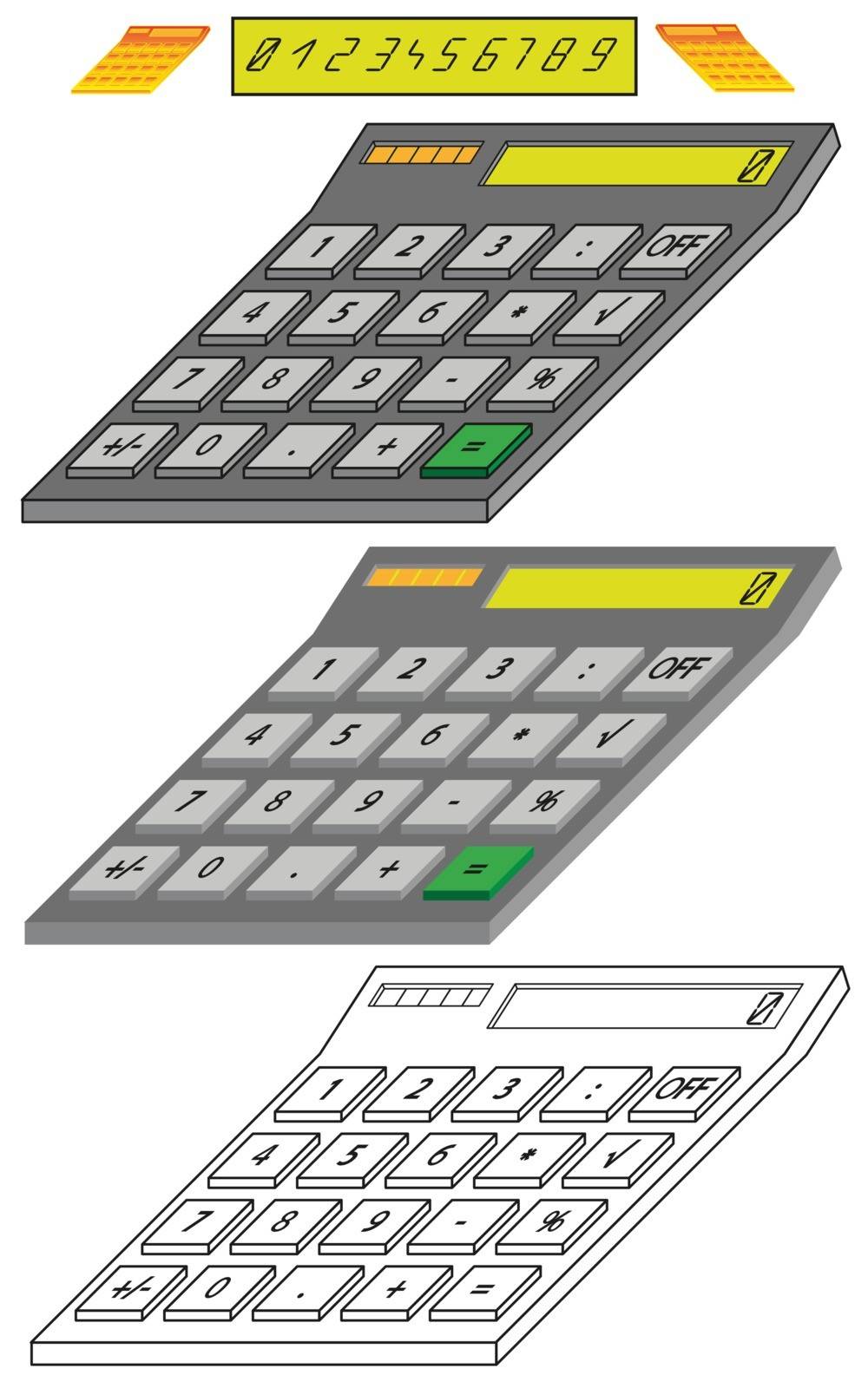 Illustration of digital calculator with big liquid crystal display, solar panel and functional buttons.There is a 
range of numbers from 0 to 9 that you can use to customize the display results.