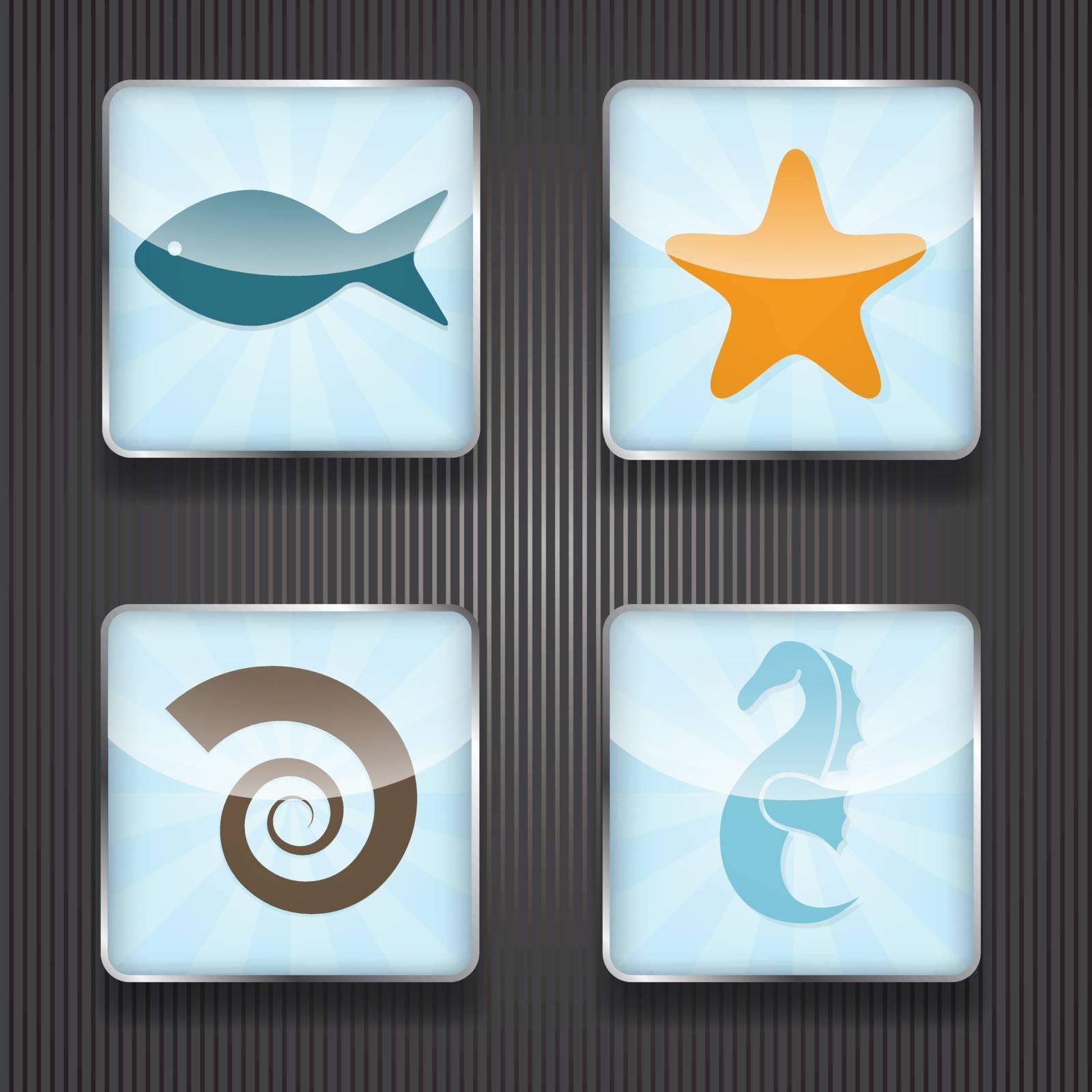 4 vector shiny icons with sea horse, star, fish and shell,  transparency effects, fully editable eps 10 file