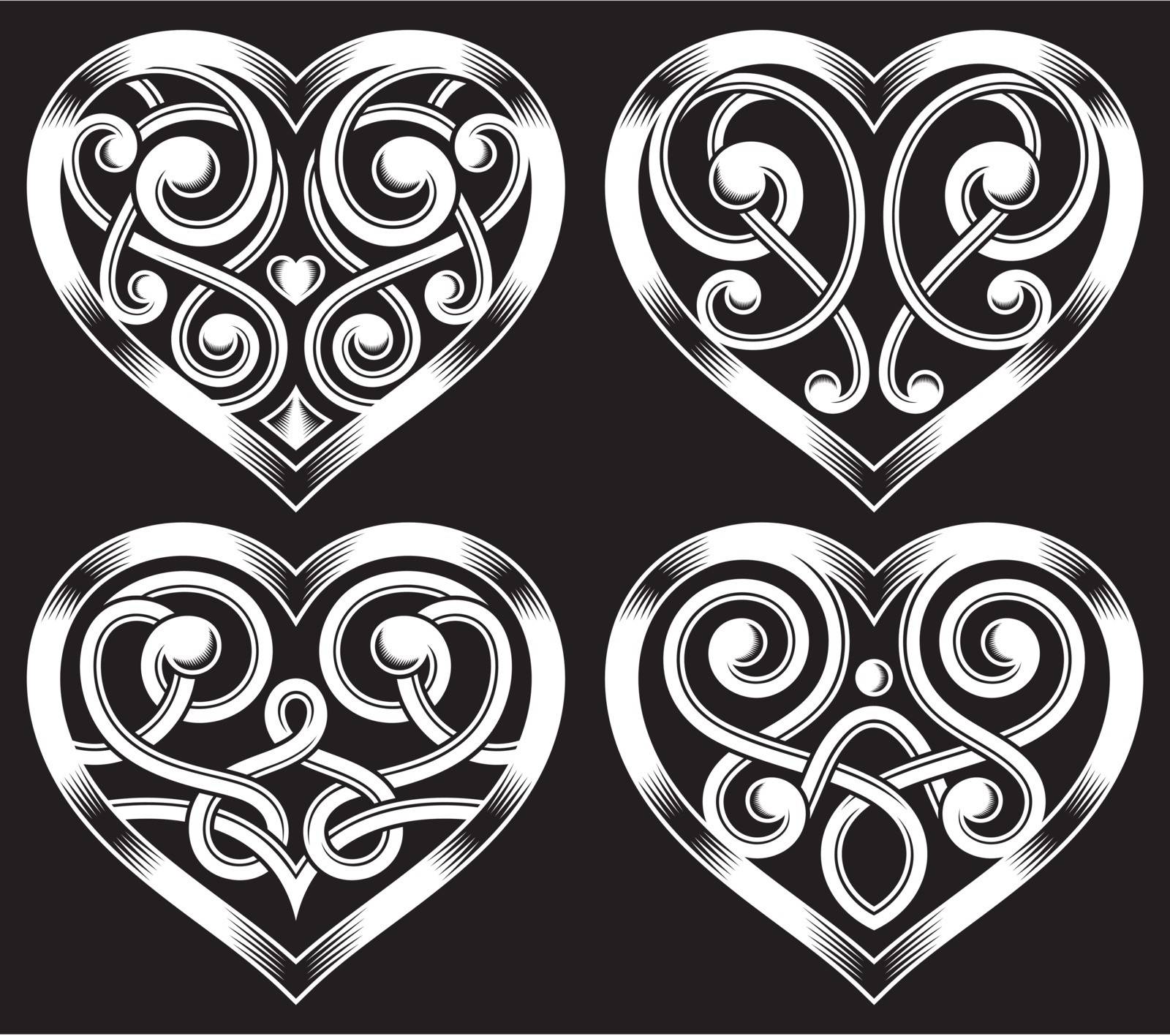 fully editable vector illustration of ornate  heart shape set on isolated black background, image suitable for design elements, emblem, insignia, logo or tattoo