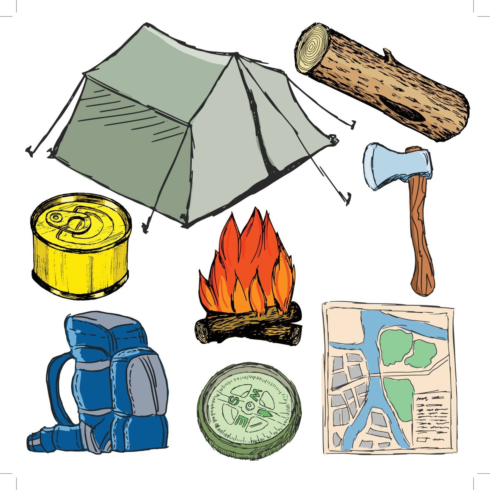 set of sketch illustration of camp objects