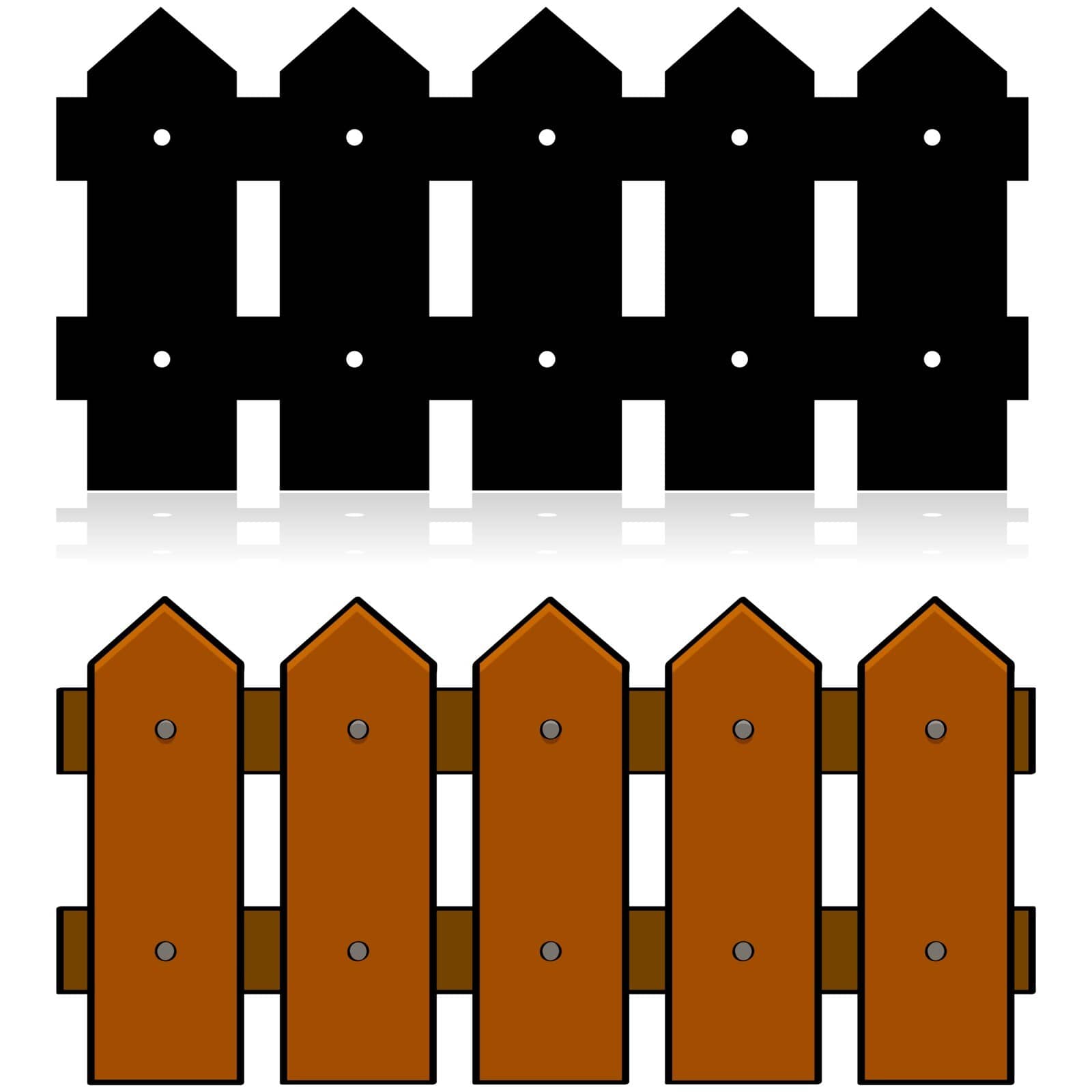 Cartoon illustration of a picket fence, in color and in black and white
