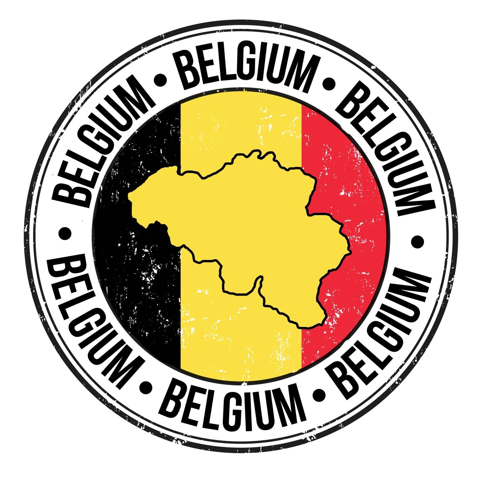 Grunge rubber stamp with Belgium flag, map and the word Belgium written inside, vector illustration