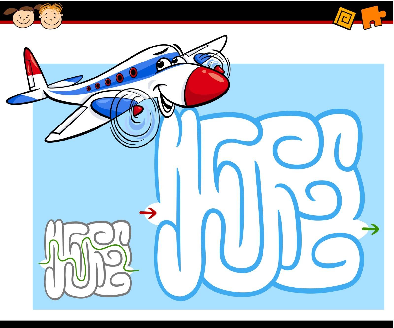 Cartoon Illustration of Education Maze or Labyrinth Game for Preschool Children with Funny Airplane