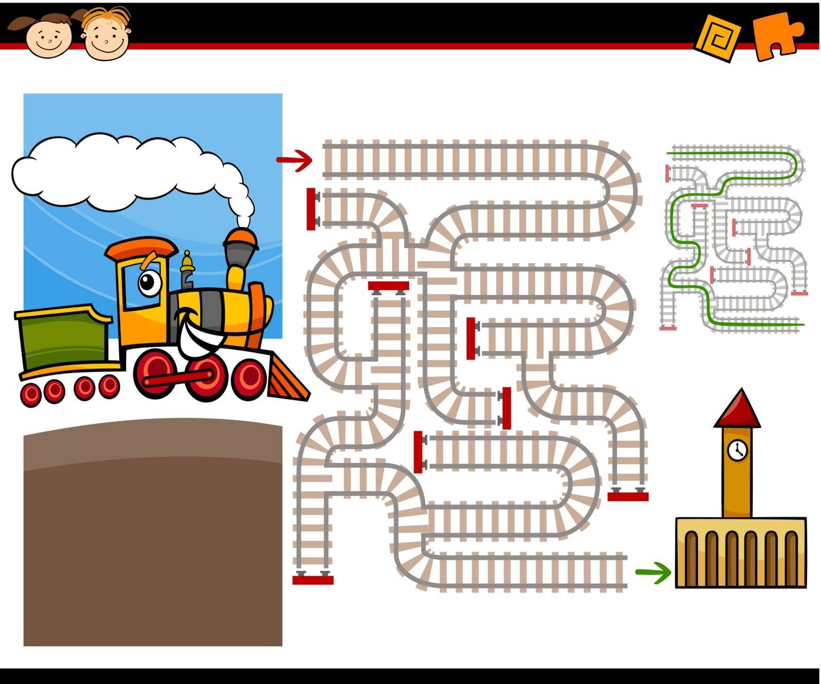 Cartoon Illustration of Education Maze or Labyrinth Game for Preschool Children with Cute Steam Engine Train and Railways