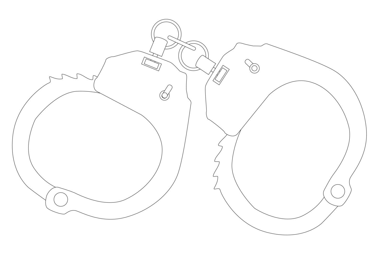 A set of metal handcuffs in ouline over a white background.