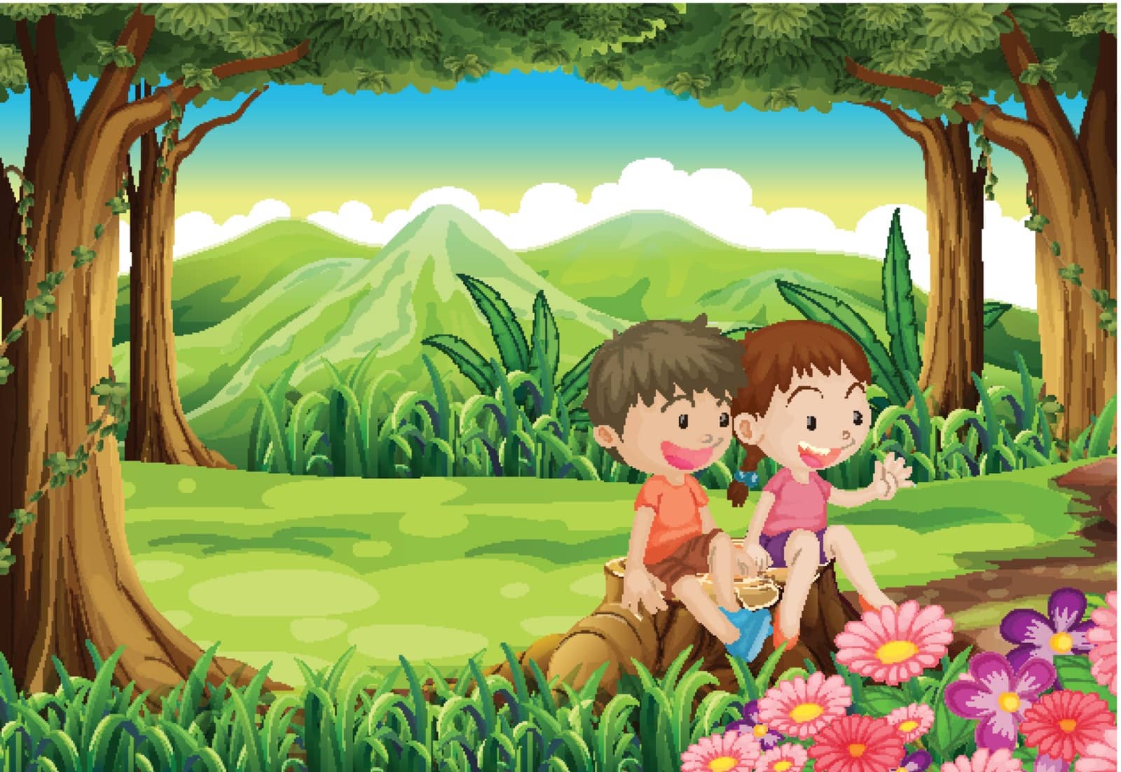 Illustration of a stump with two adorable kids