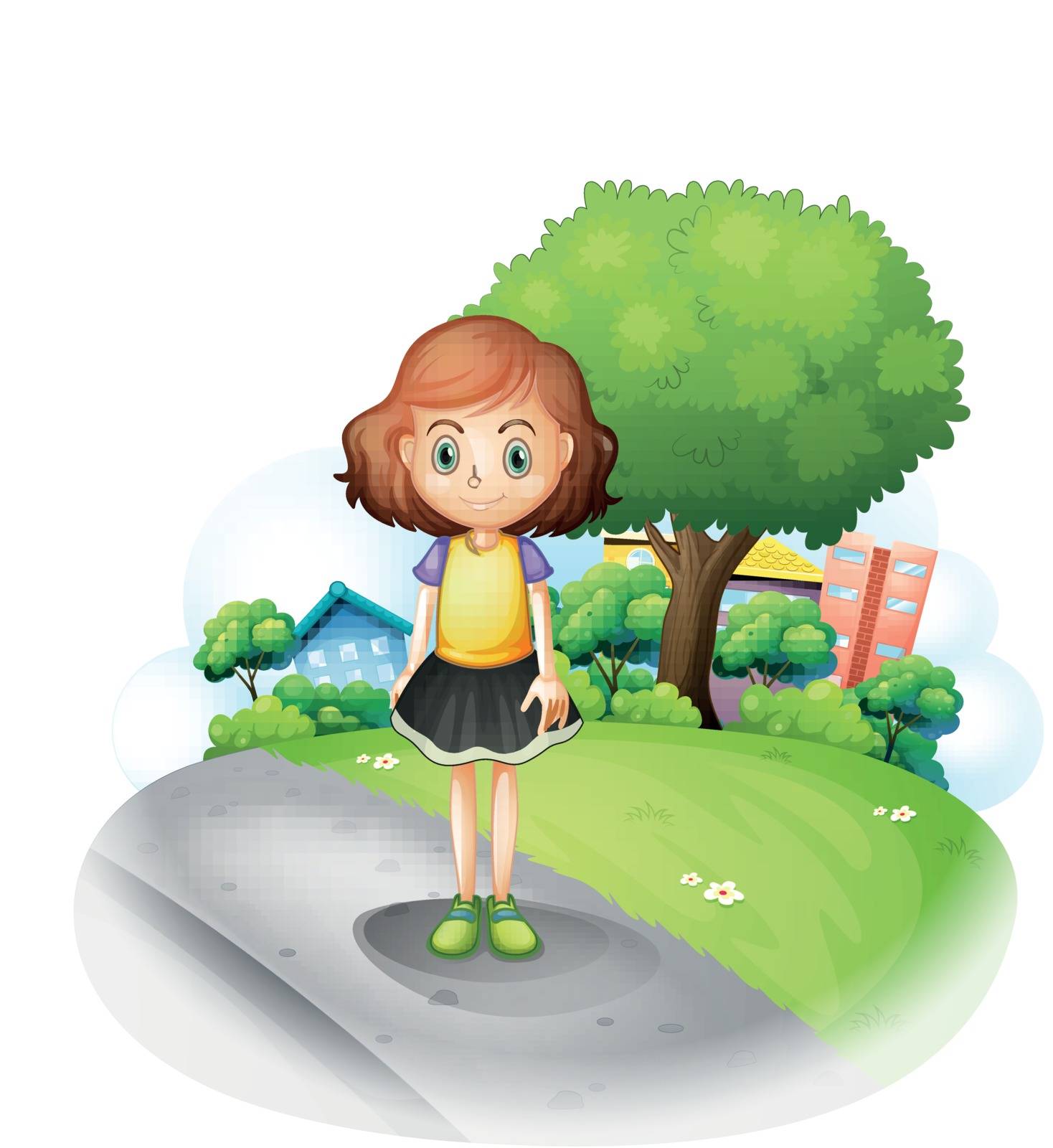 Illustration of a girl standing at the street on a white background