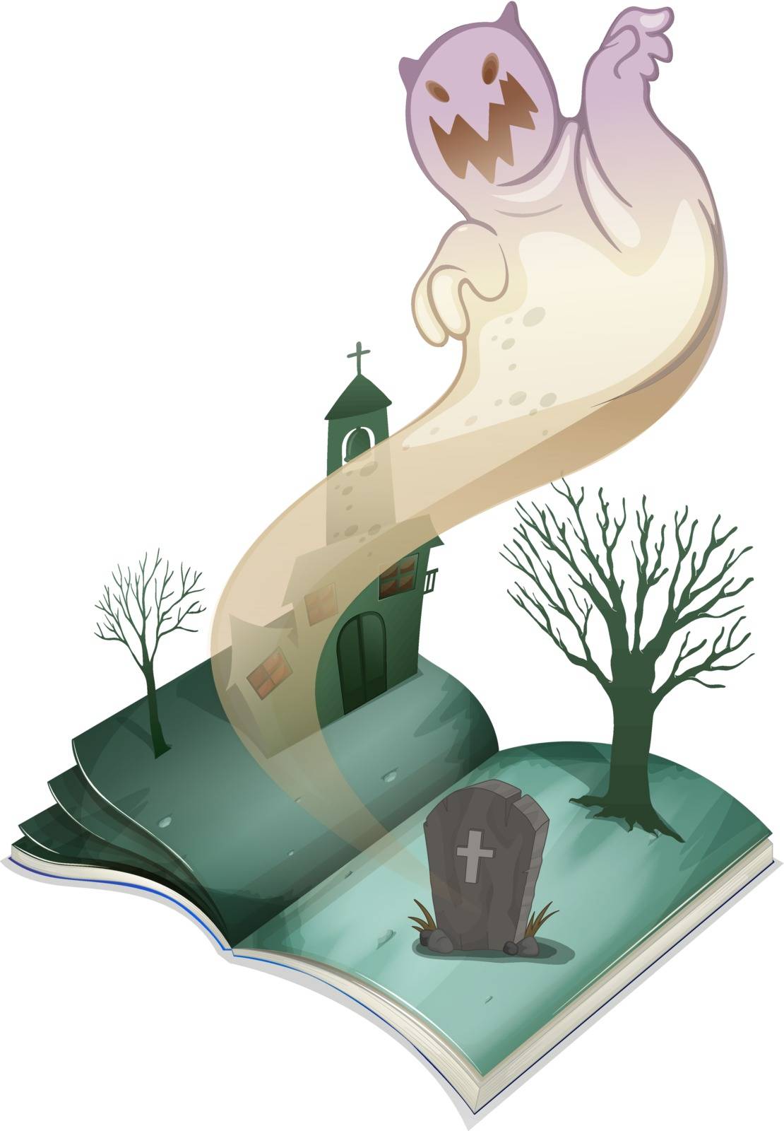Illustration of a book with an image of a graveyard on a white background