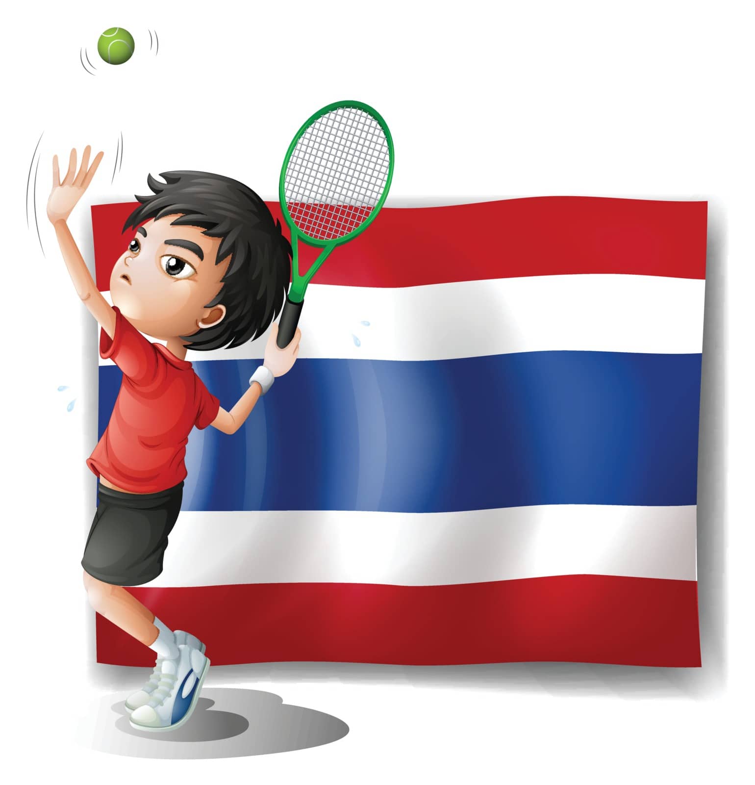 Illustration of an athlete in front of the Thailand flag on a white background