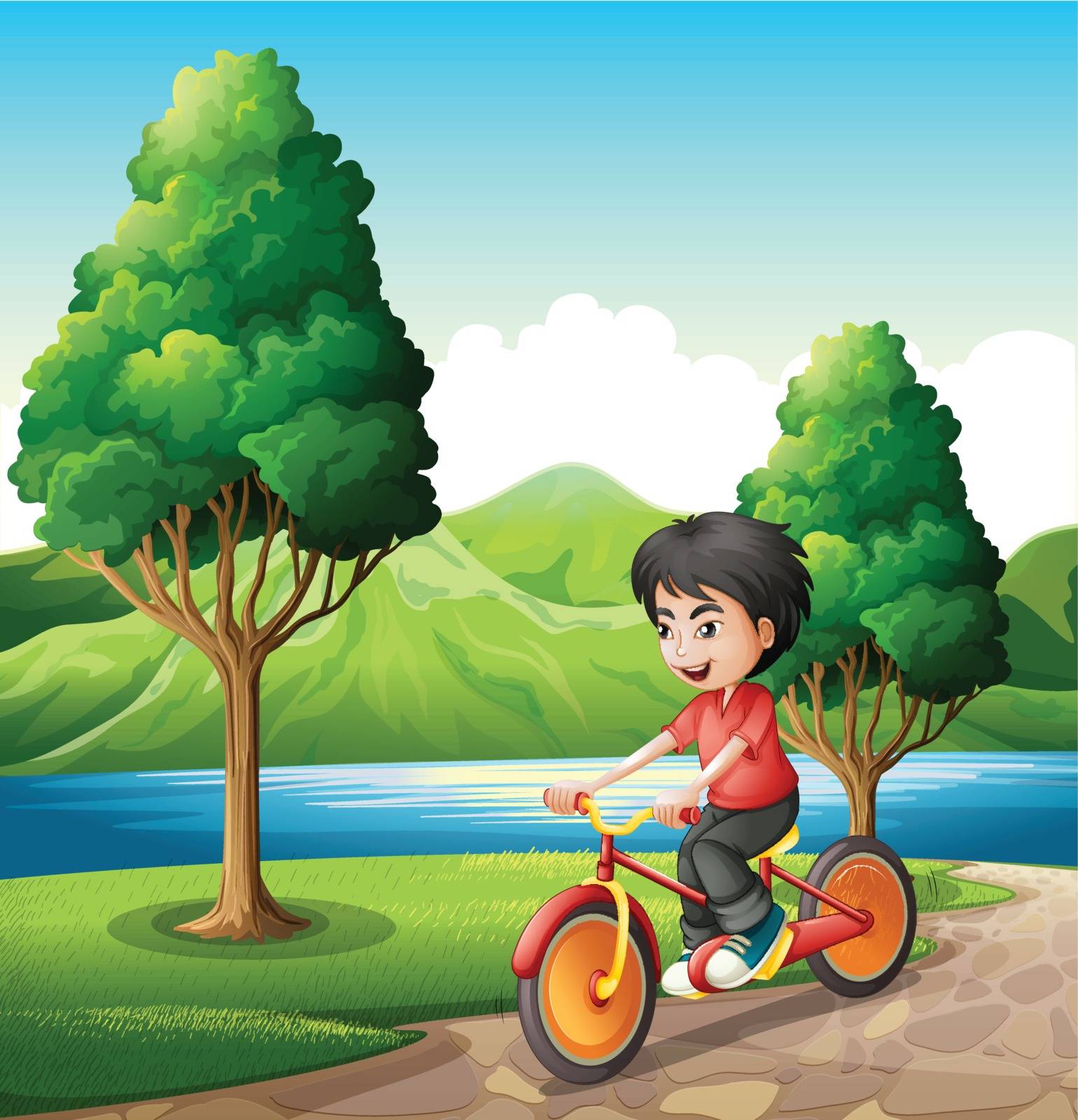 Illustration of a boy biking at the riverbank