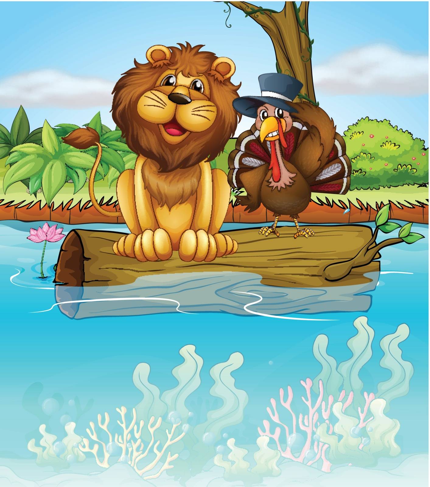 Illustration of a lion and a turkey above a floating trunk