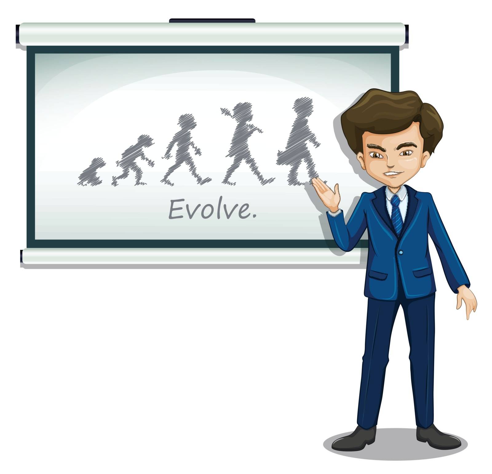 Illustration of a gentleman explaining the evolution of humans on a white background