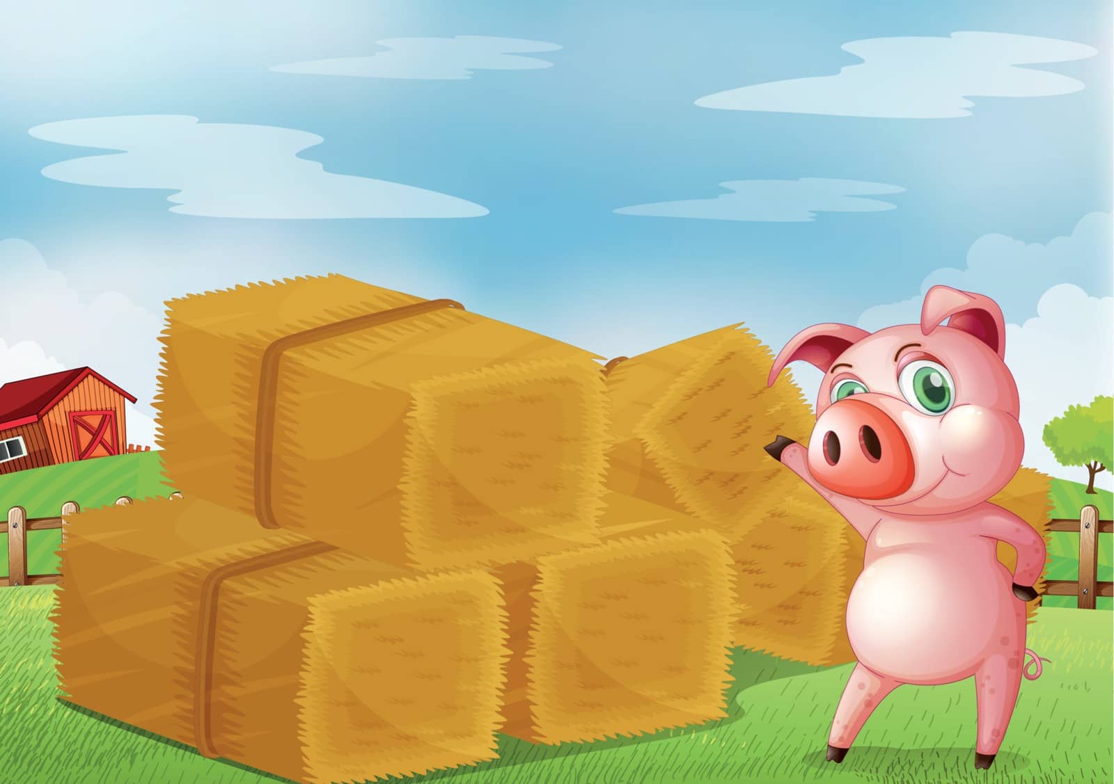 Illustration of a pig pointing the farm crops