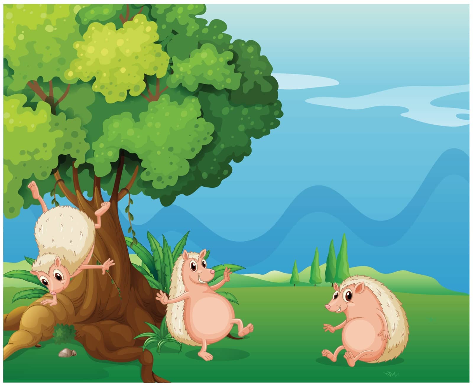 Illustration of the three playful molehogs near the old tree on a white background