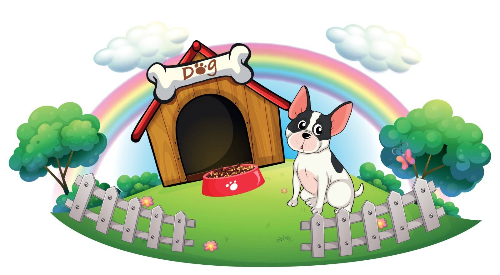 Illustration of a dog with a dog house and a dog food inside the fence on a white background