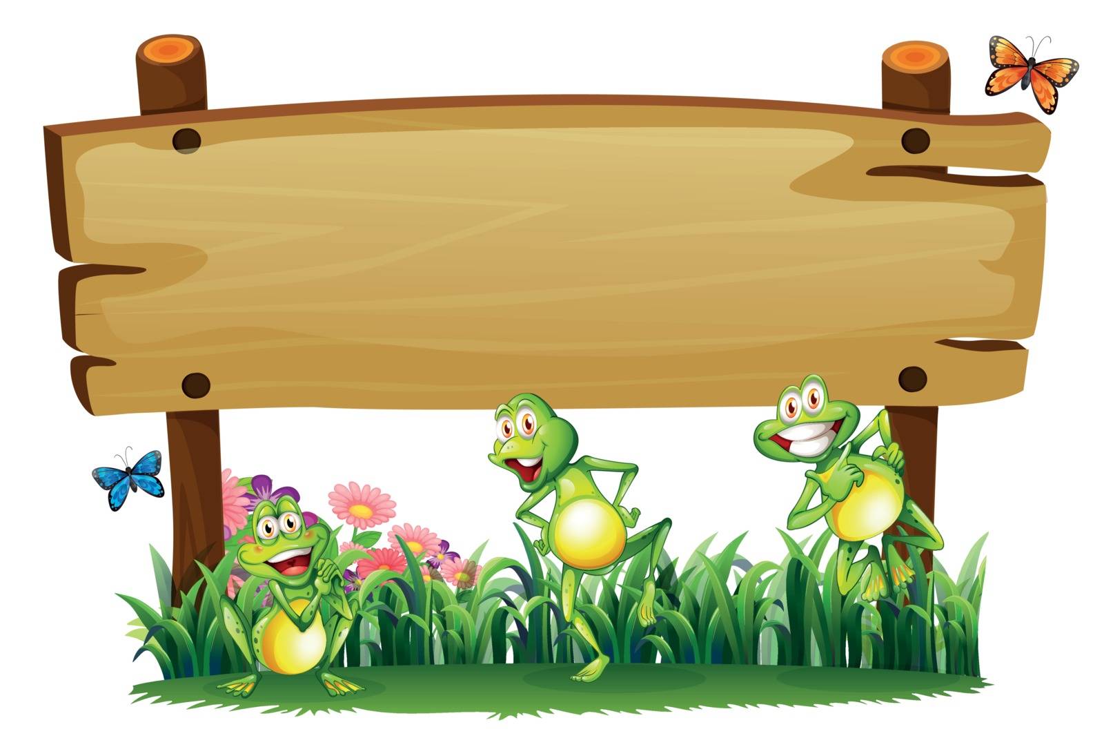 An empty wooden board at the garden with playful frogs by iimages