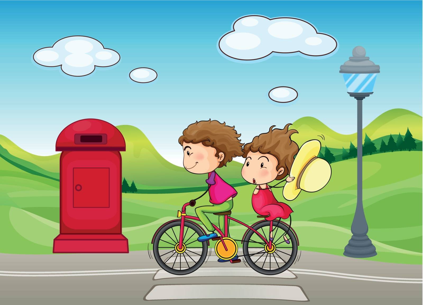 Illustration of a boy and a girl biking
