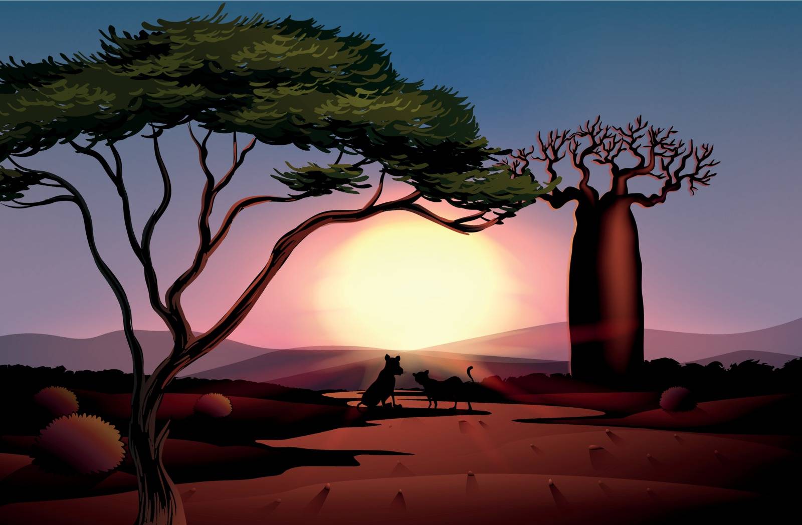 Illustration of a sunset in the desert with two animals