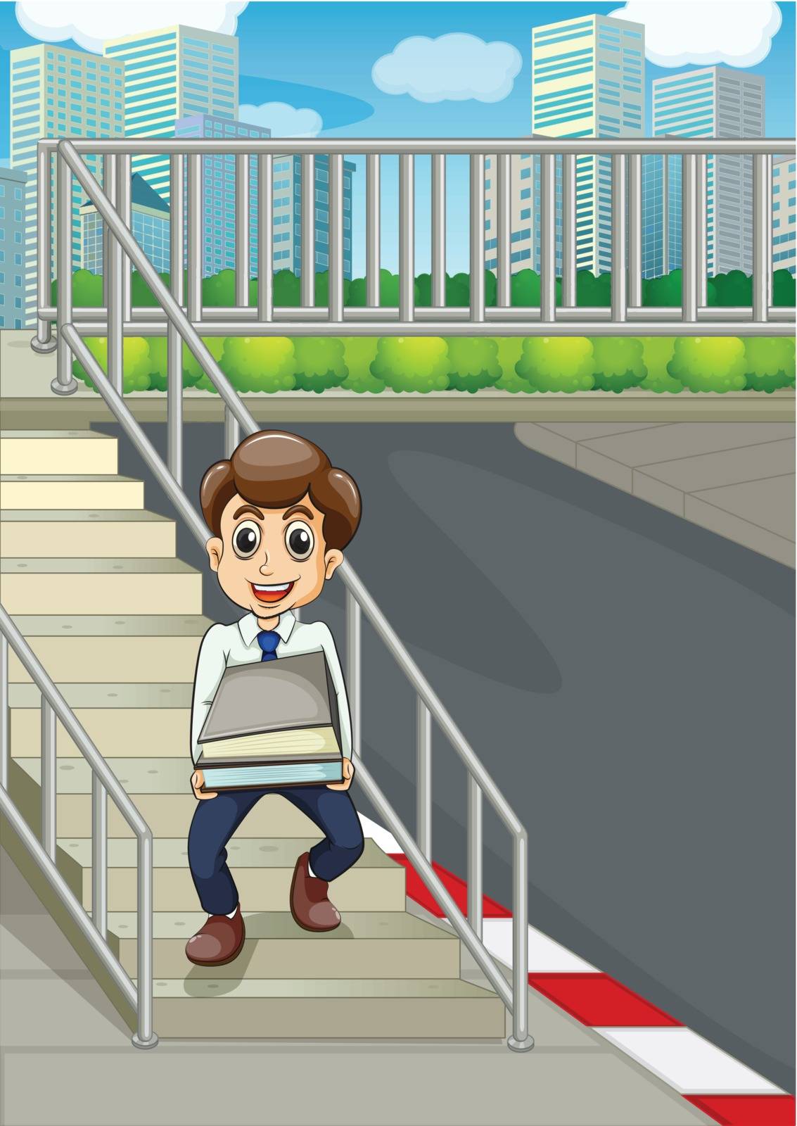 Illustration of a smiling man at the stairs bringing a lot of documents