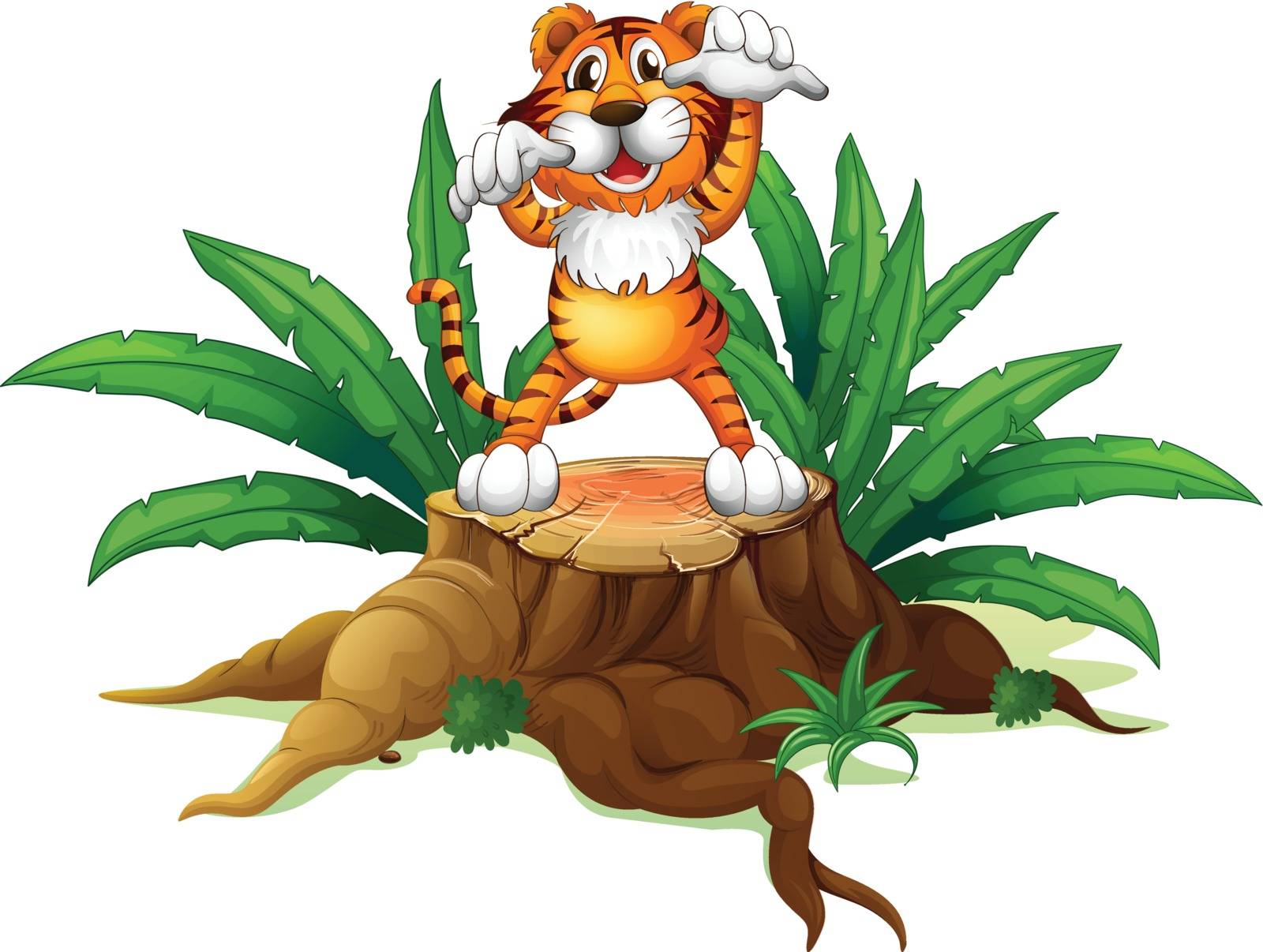 Illustration of a stump with a tiger on a white background