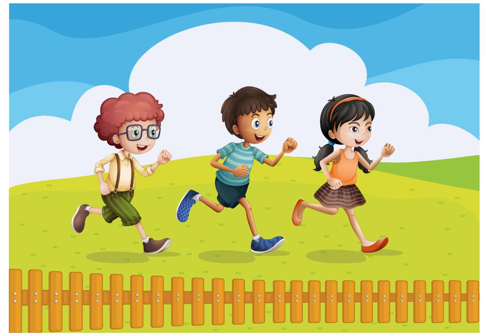 Illustration of kids running in a beautiful nature