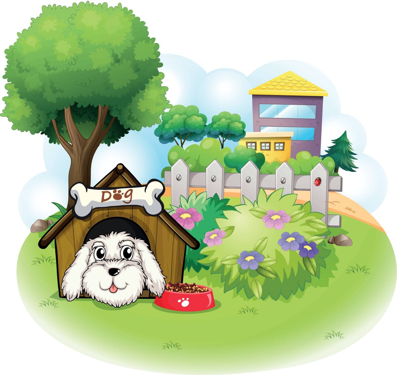 Illustration of a white puppy inside a doghouse on a white background