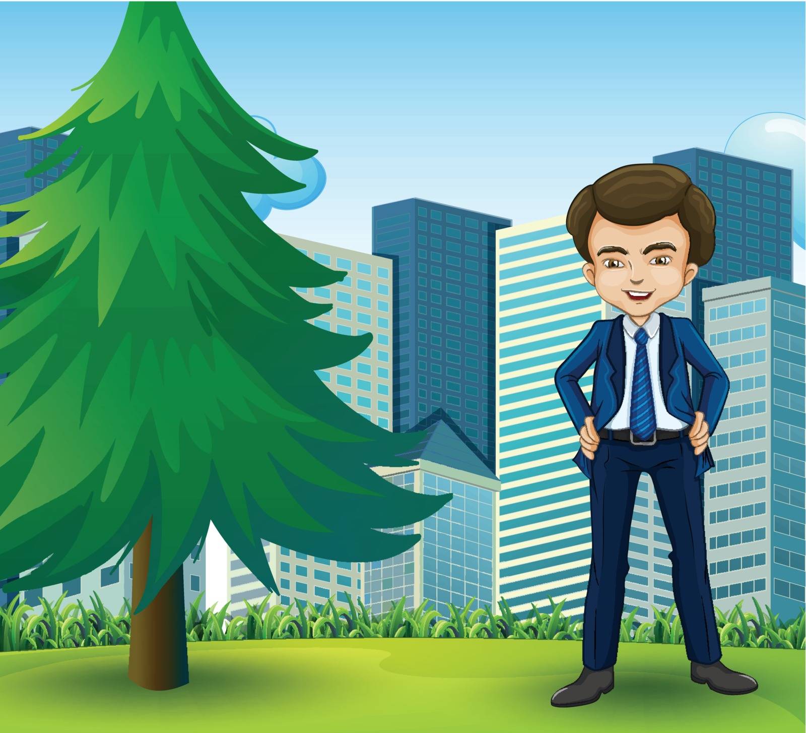 Illustration of a happy businessman standing near the pine tree