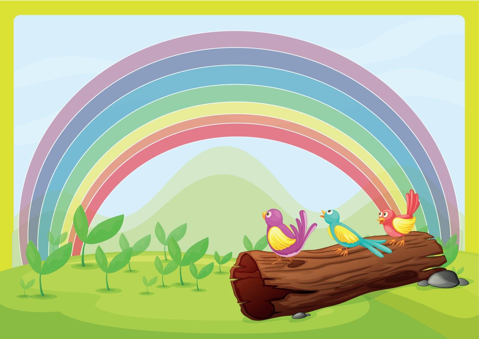 Illustration of birds watching the rainbow