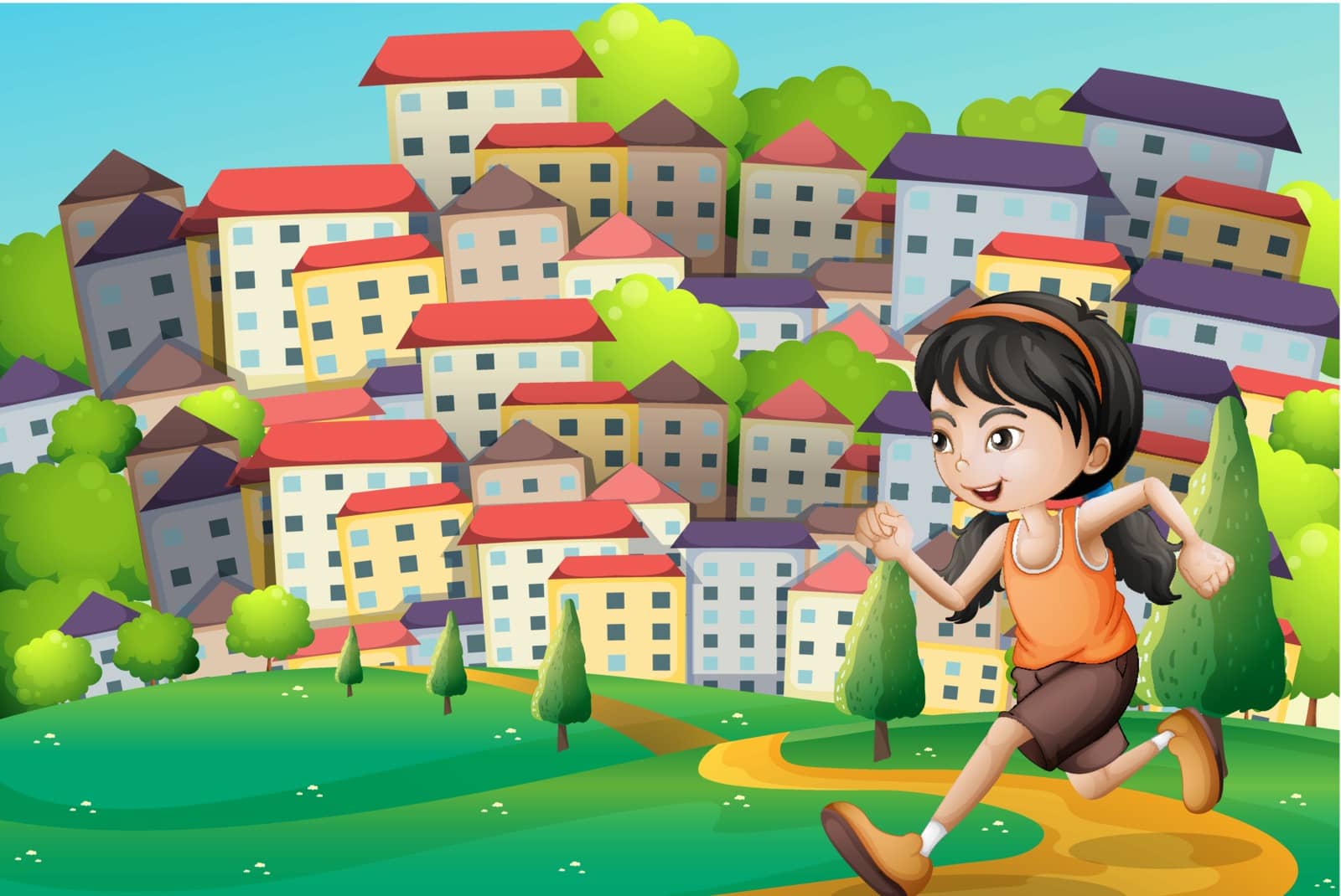 Illustration of a hilltop with a girl running across the buildings