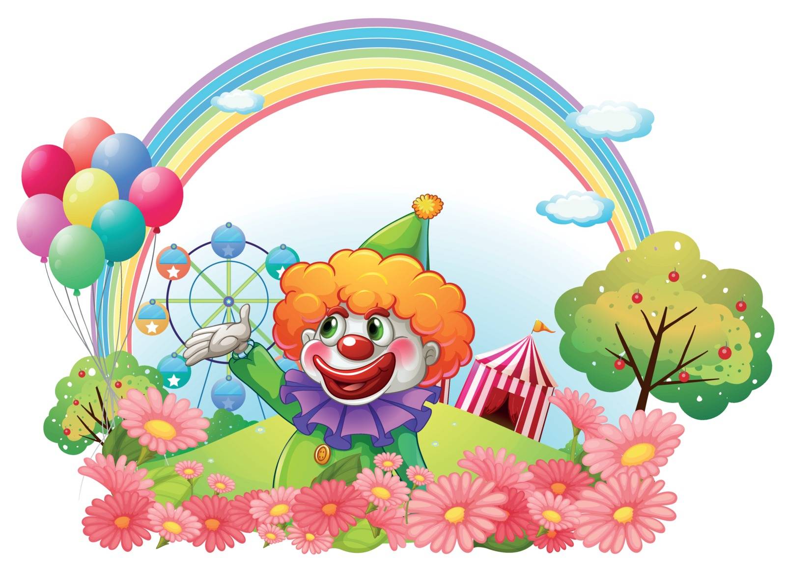 Illustration of a clown in an amusement park on a white background
