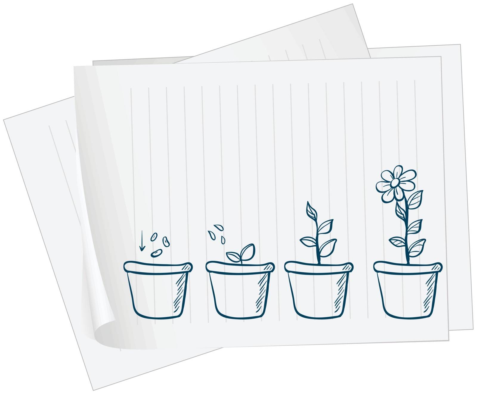 Illustration of a paper with a drawing of a growing plant on a white background