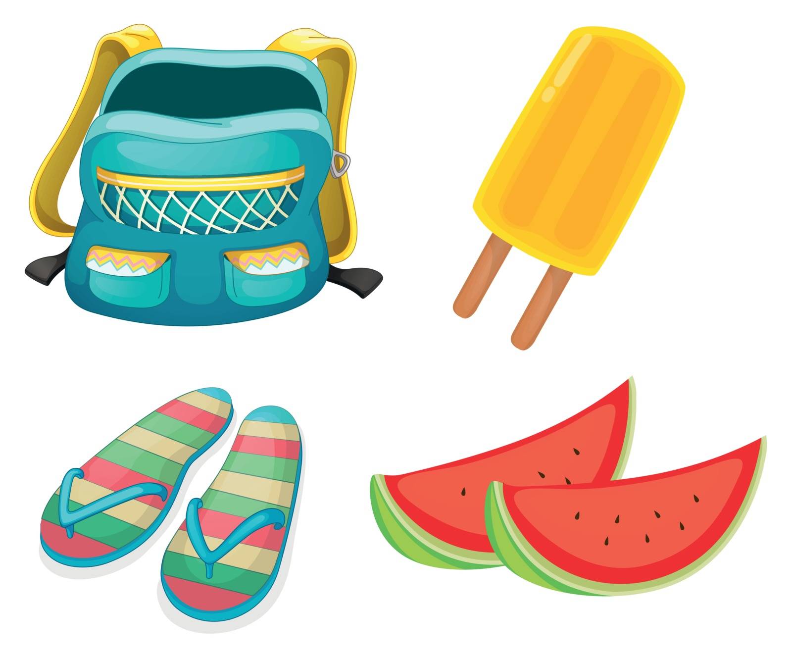 Illustration of a backpack, a pair of slippers and foods for refreshment on a white background