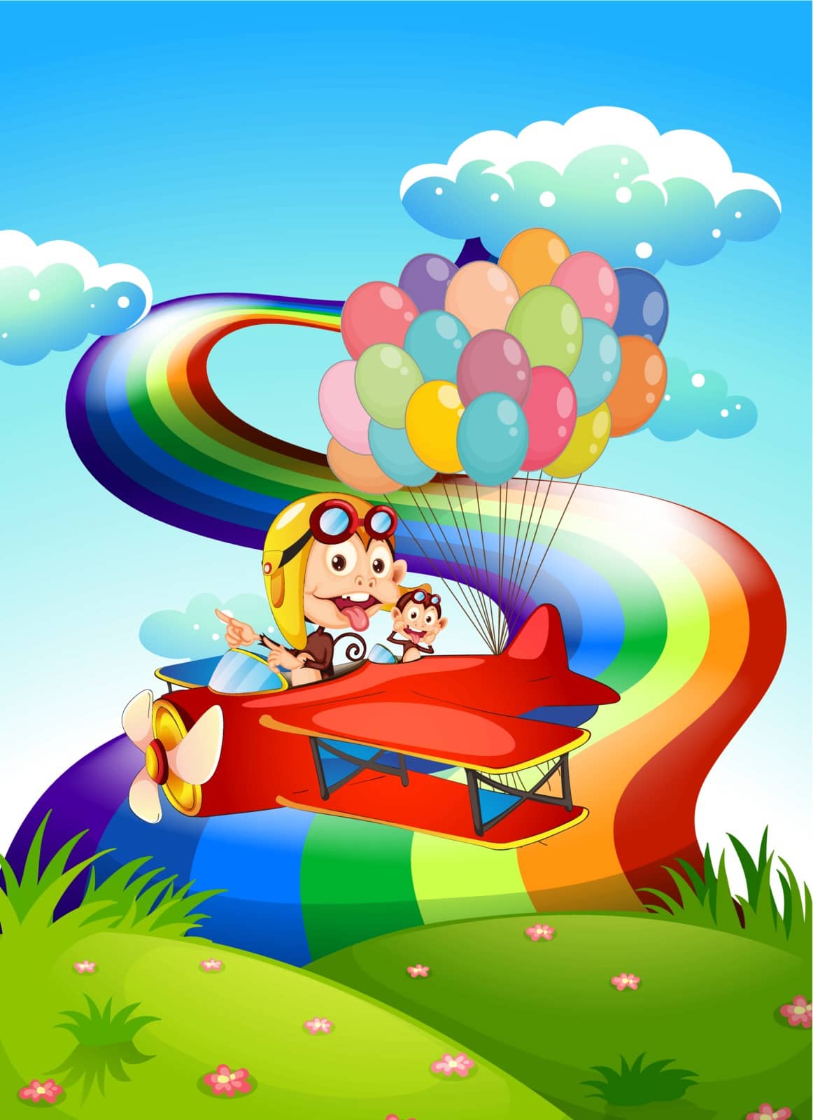 Playful monkeys on a plane with balloons by iimages
