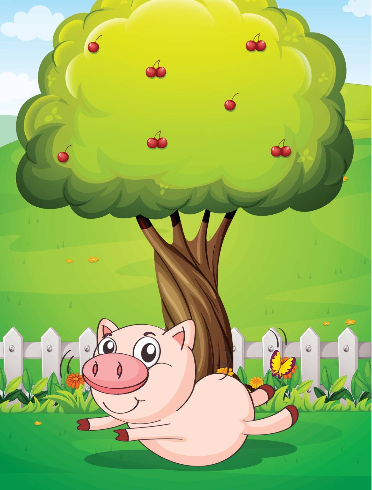 Illustration of a playful pig under the cherry tree