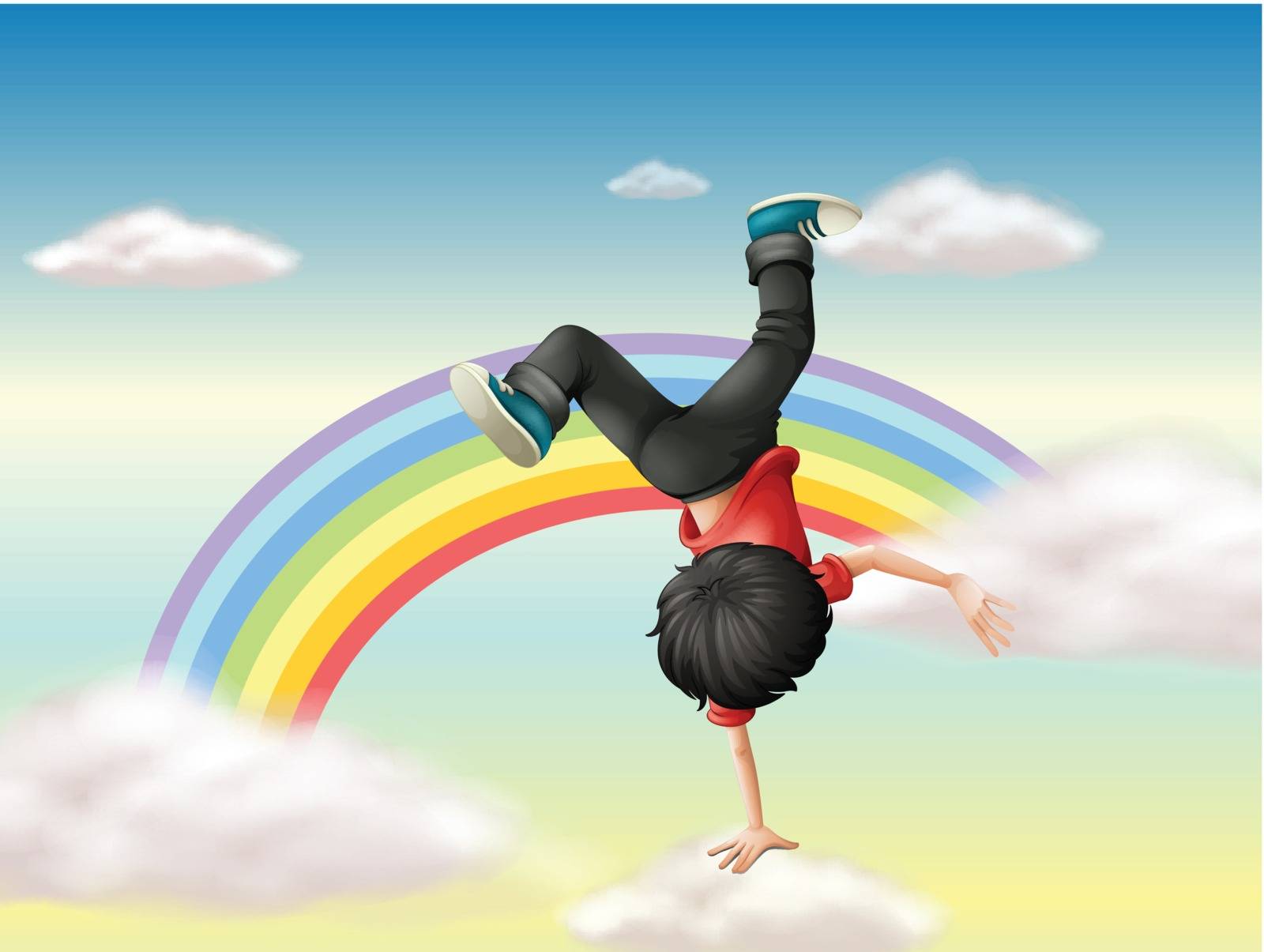 Illustraton of a boy performing a break dance along the rainbow