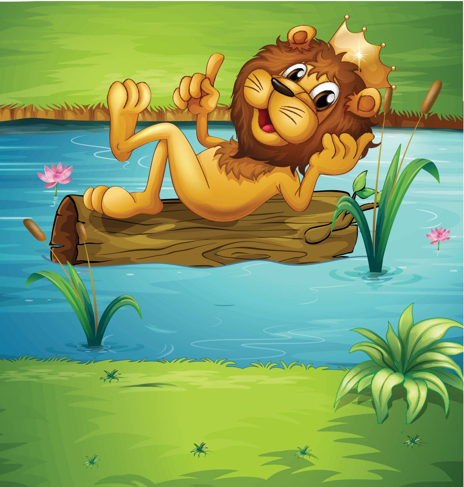 Illustration of a smiling lion on a dry wood in a river