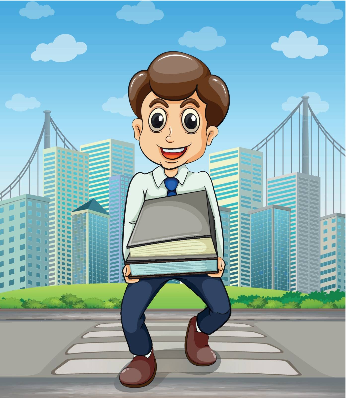 Illustration of a happy employee crossing the street with a lot of documents in his hands
