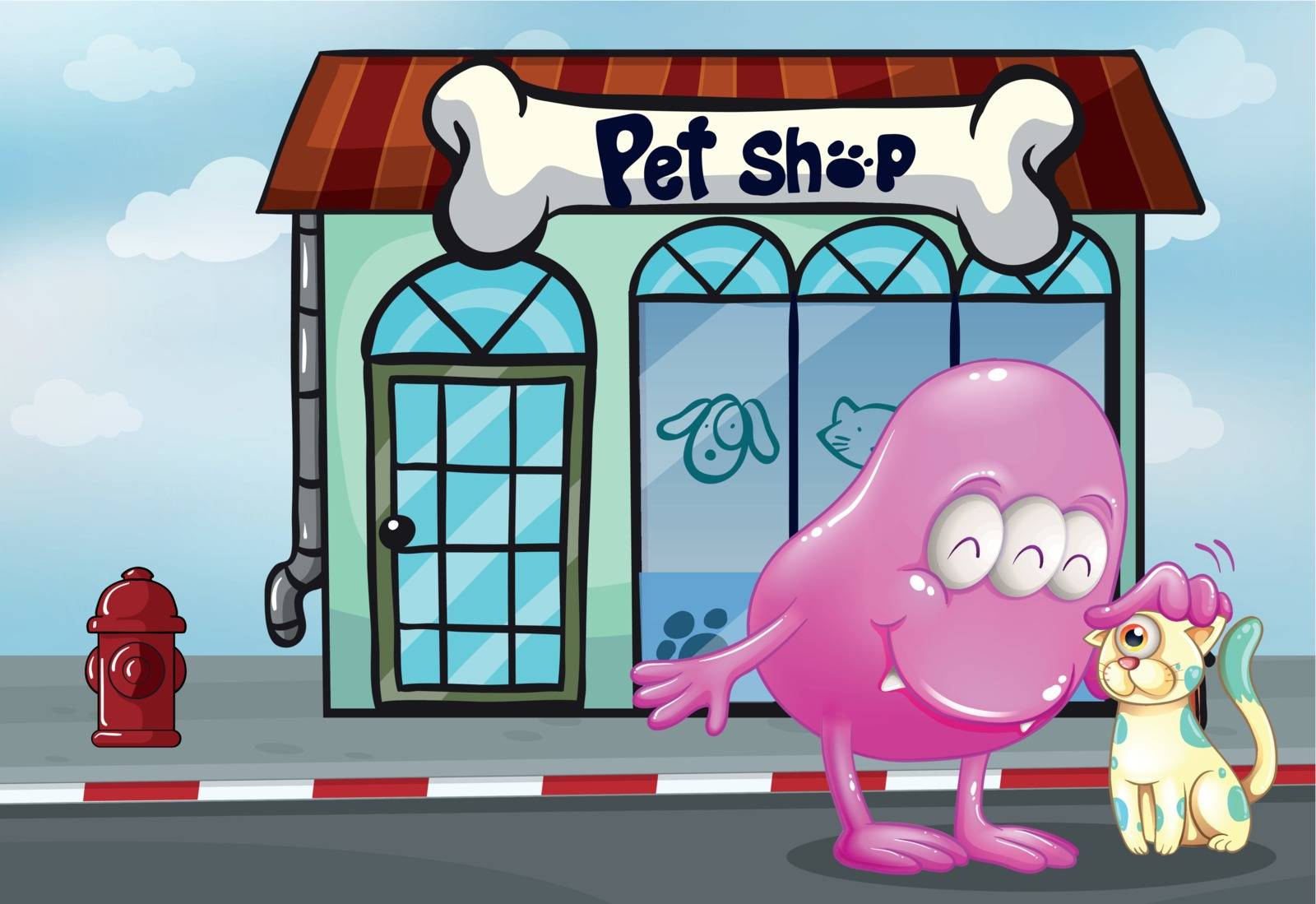 Illustration of a pink beanie monster and a pet in front of the pet shop