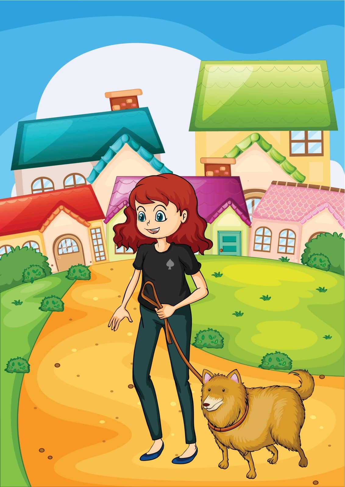 Illustration of a lady walking with her pet