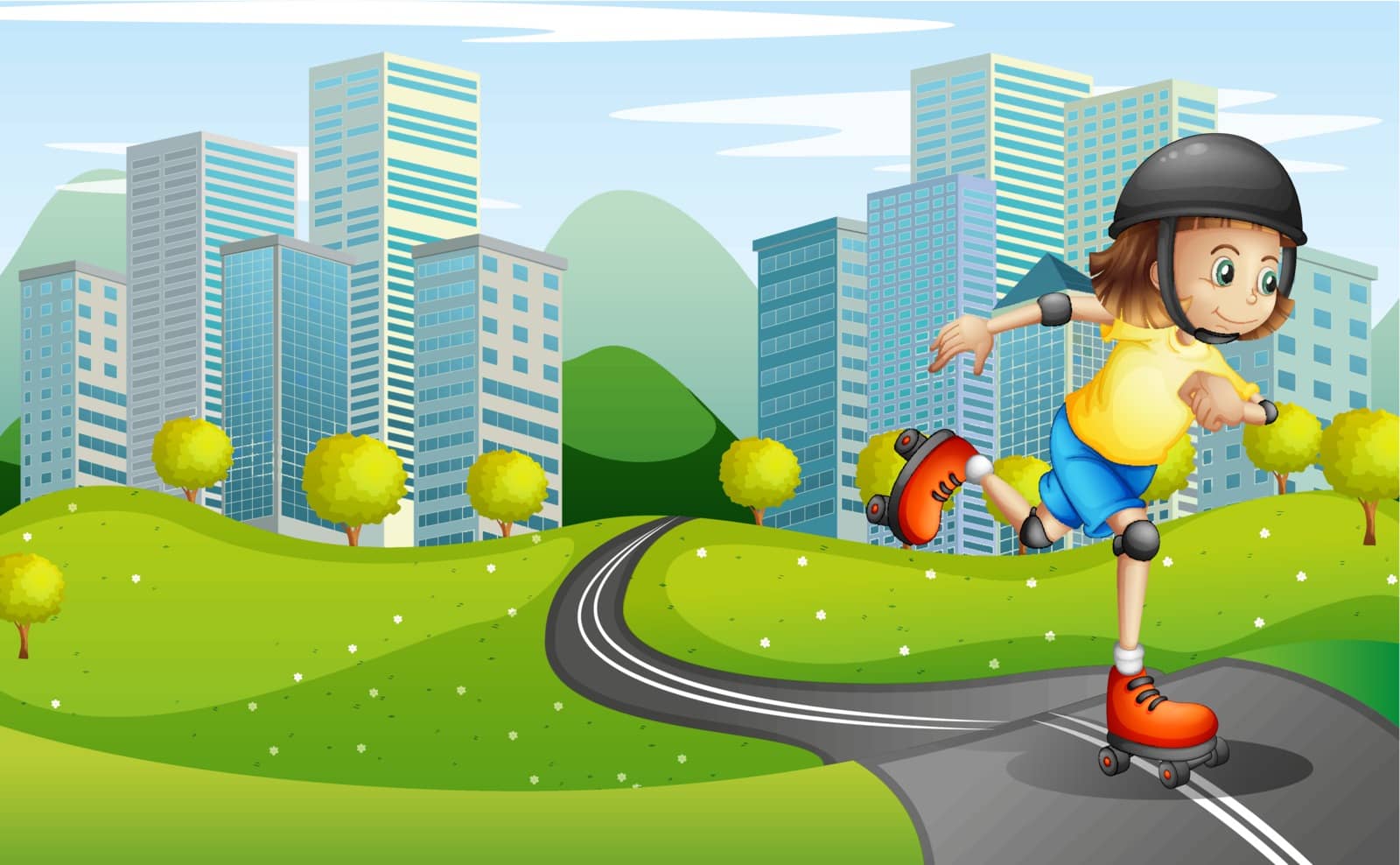Illustration of a girl rollerskating at the road with a safety helmet