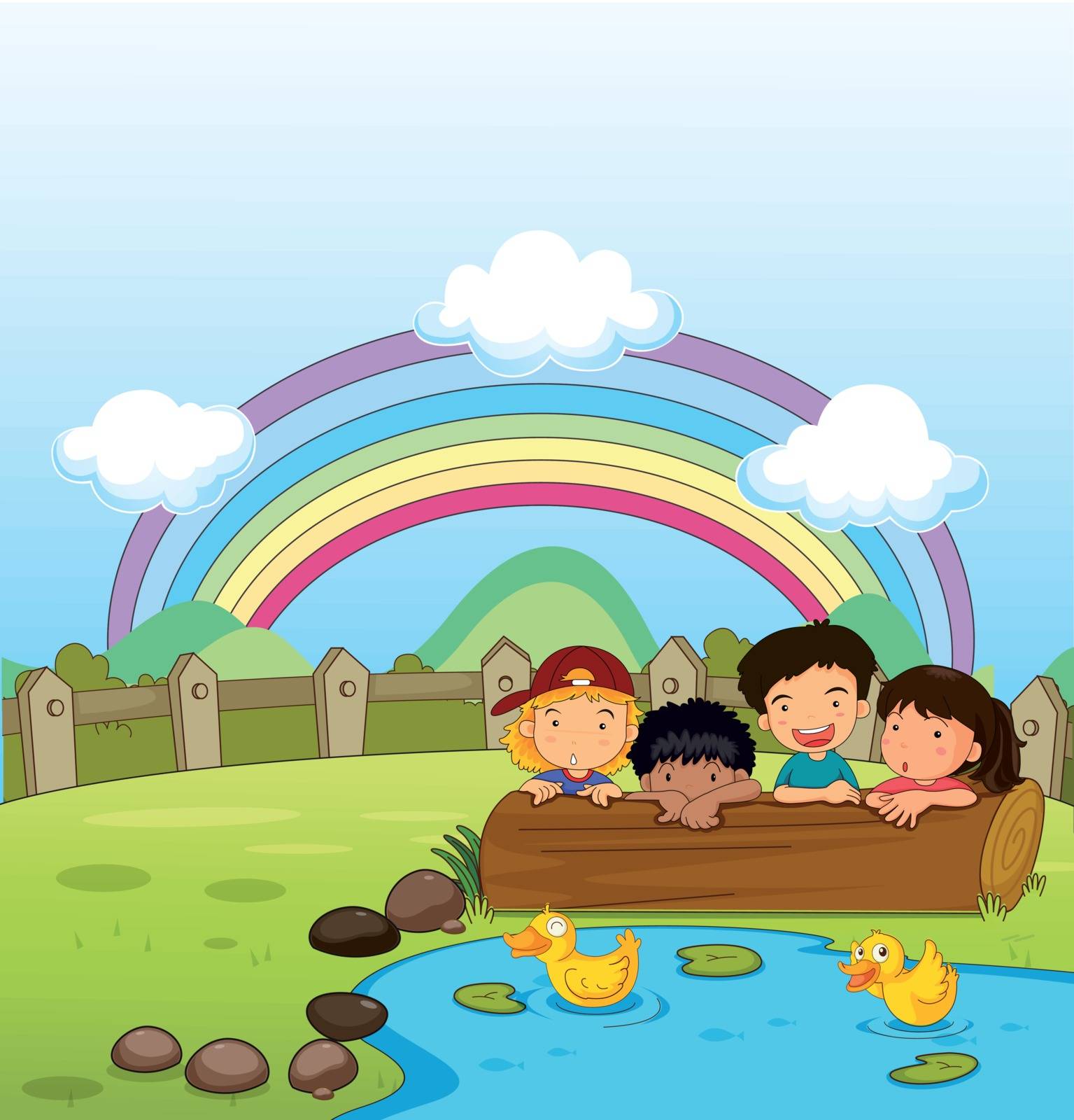 Illustration of kids watching the ducklings in the pond