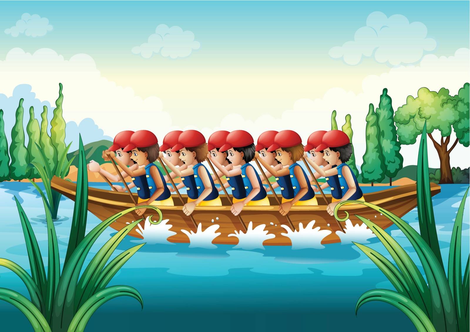 Illustration of a group of men boating