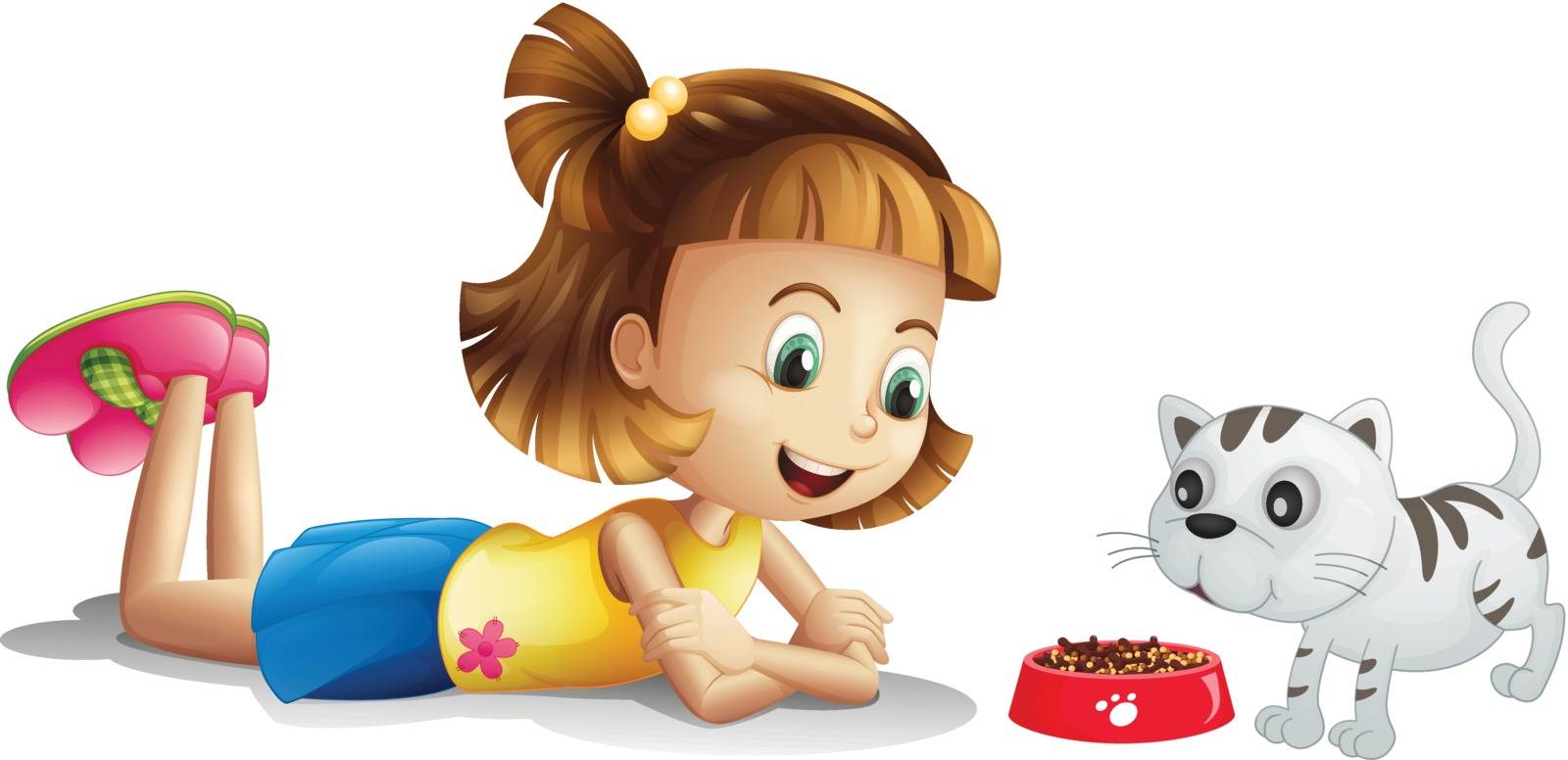 Illustration of a young girl watching her pet eating on a white background