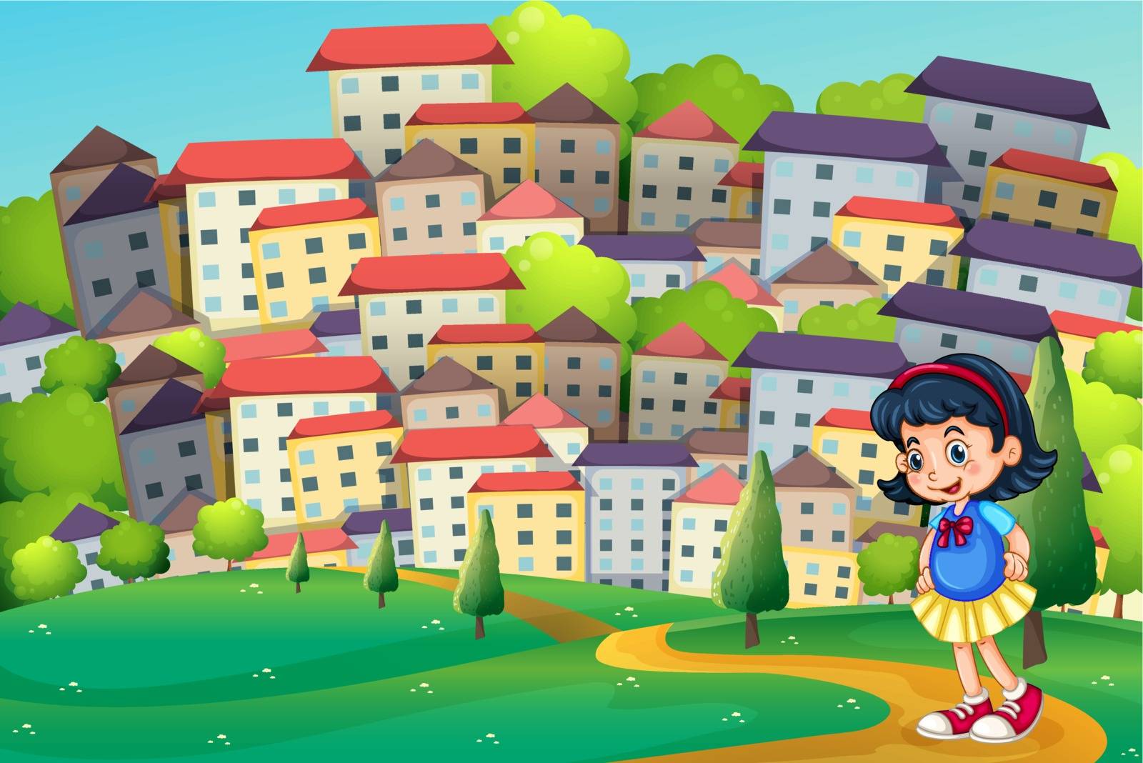 Illustration of a young girl walking at the hilltop across the tall buildings