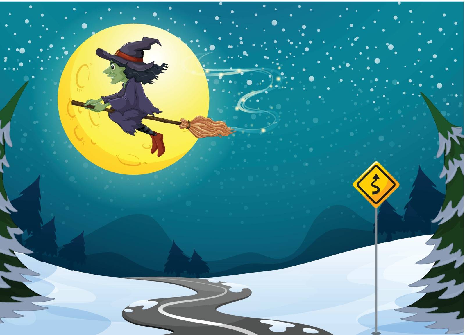 Illustration of a witch floating with her broomstick
