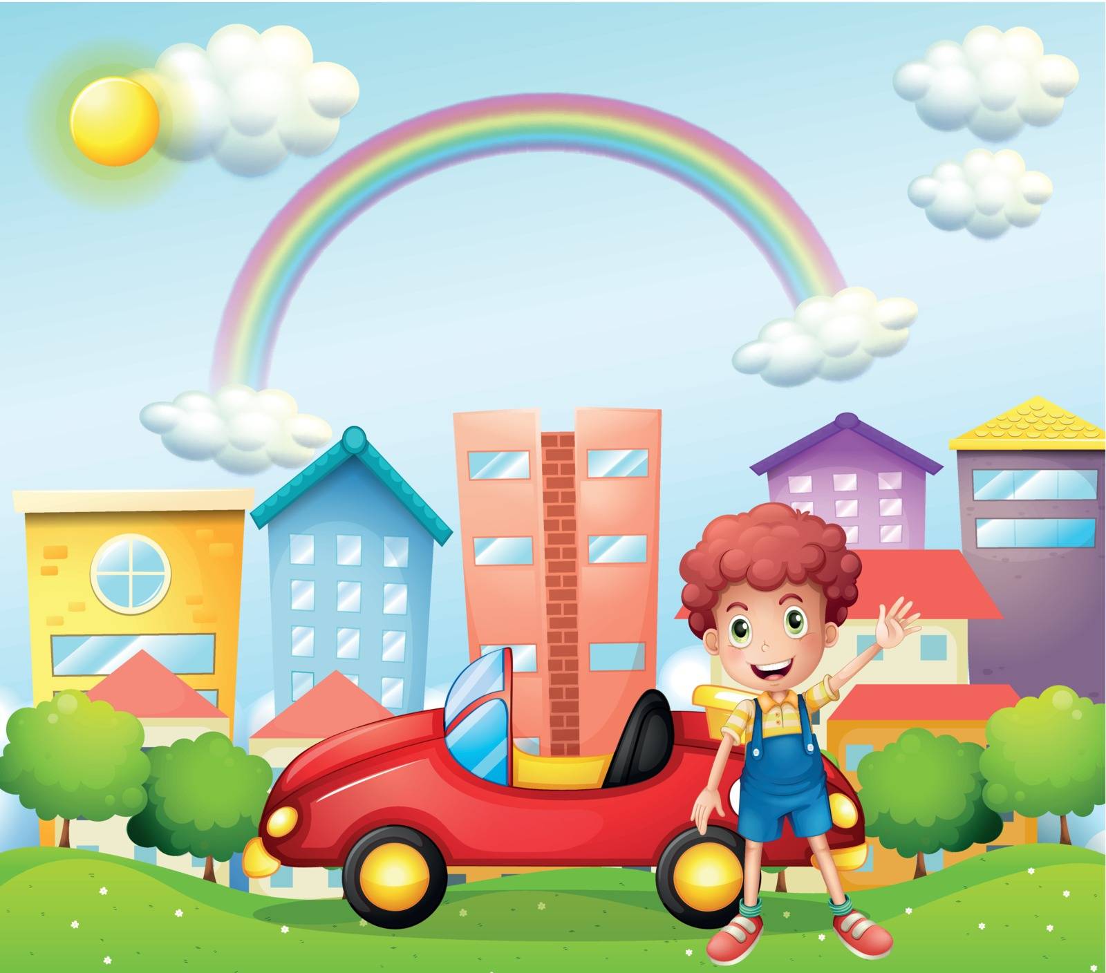 Illustration of a boy and his red car near the high buildings